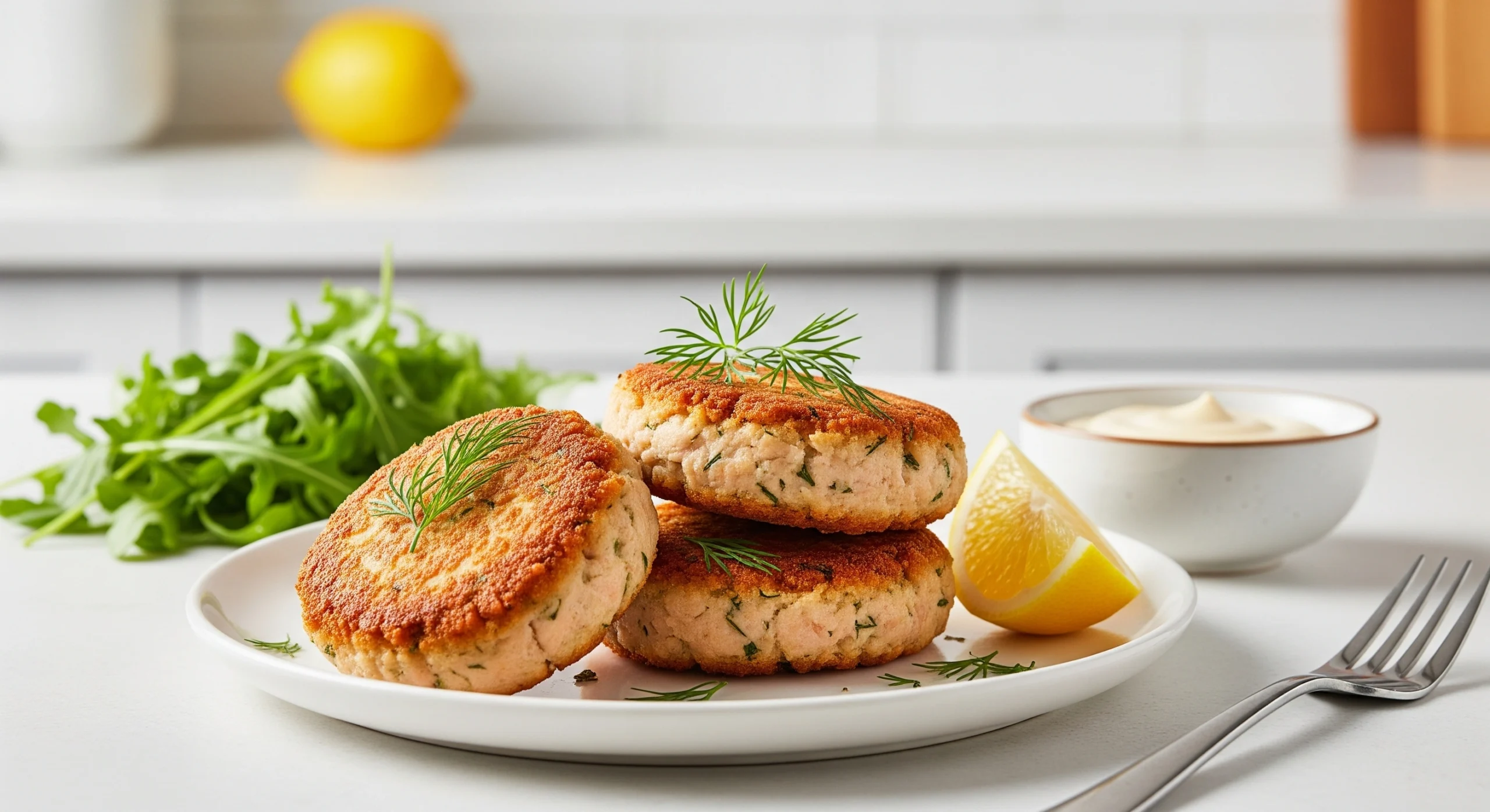 A stack of three golden-brown tuna patties on a white plate, garnished with a lemon wedge and fresh dill.