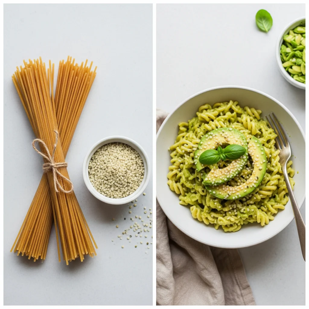 A split image showing healthy recipe swaps like whole wheat pasta and hemp seeds next to a finished bowl of creamy vegan pasta.