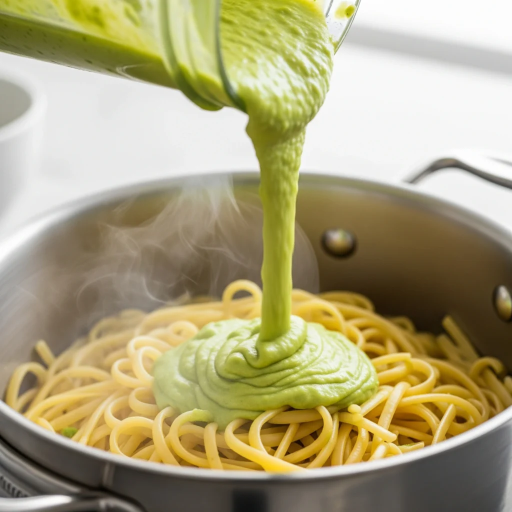 An action shot showing creamy green avocado sauce being poured over freshly cooked pasta in a pot.