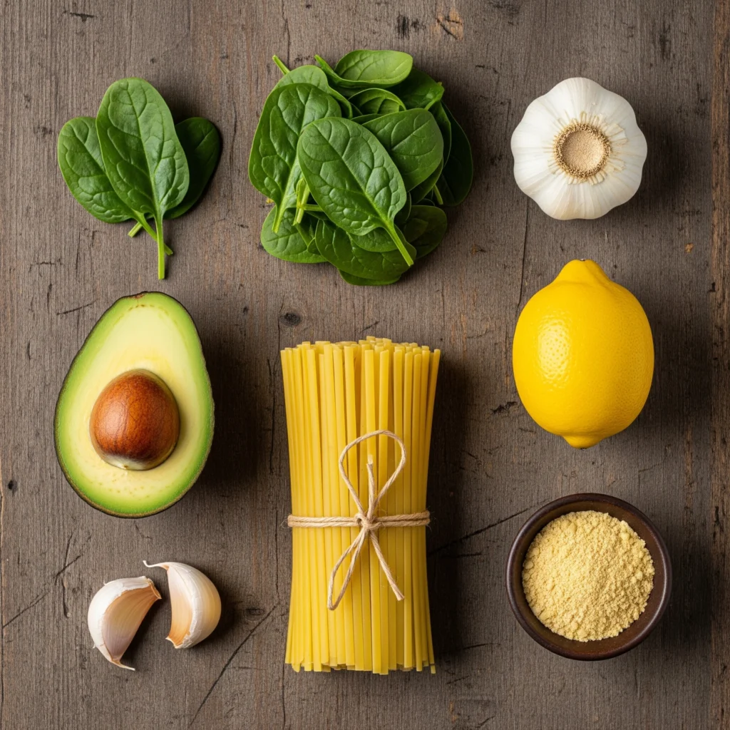 A flat lay of fresh ingredients for vegan avocado pasta: linguine, a ripe avocado, spinach, a lemon, and garlic on a dark wooden table.