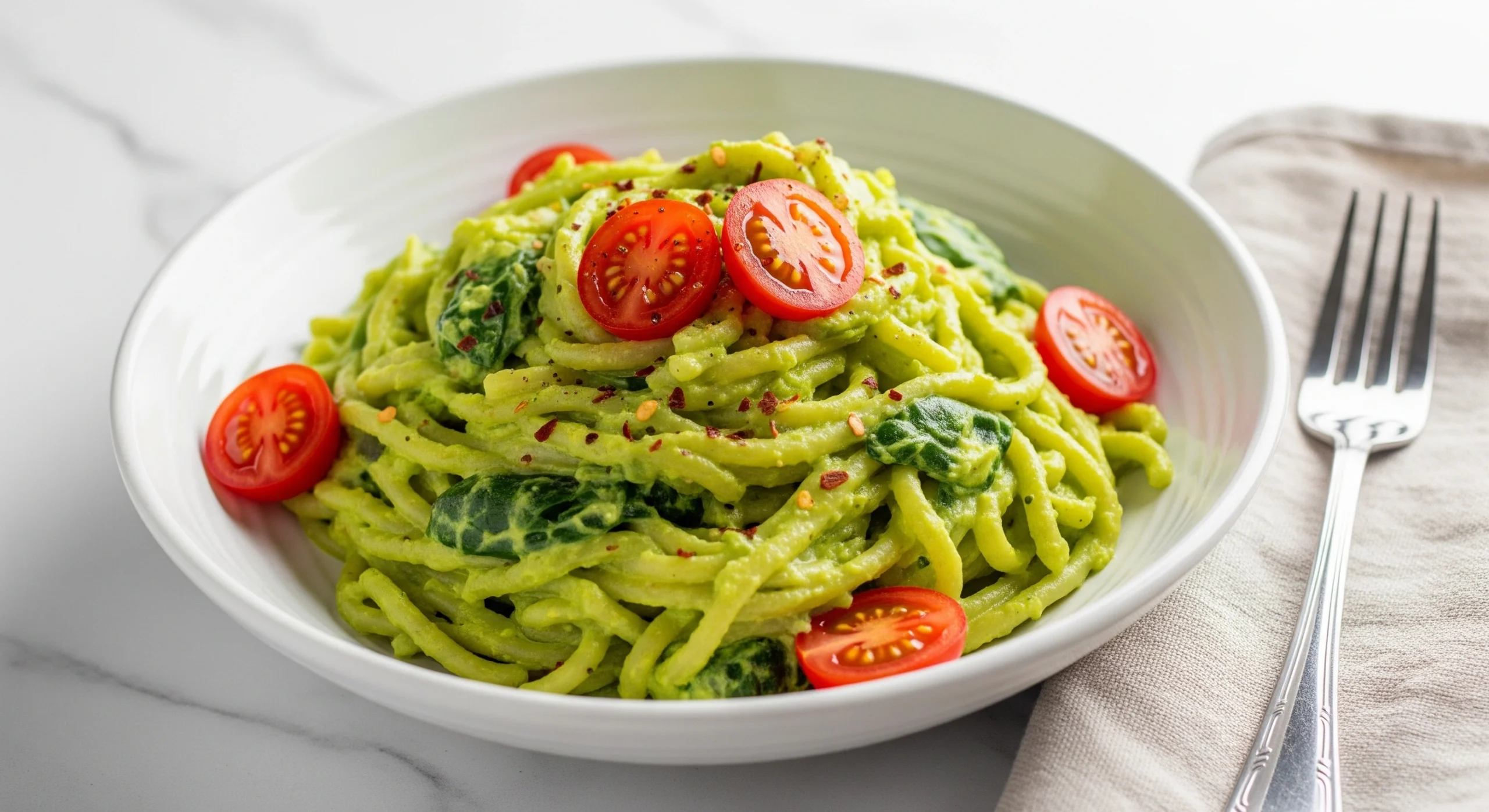 A white ceramic bowl filled with creamy green vegan avocado spinach pasta, garnished with fresh red cherry tomatoes and chili flakes.