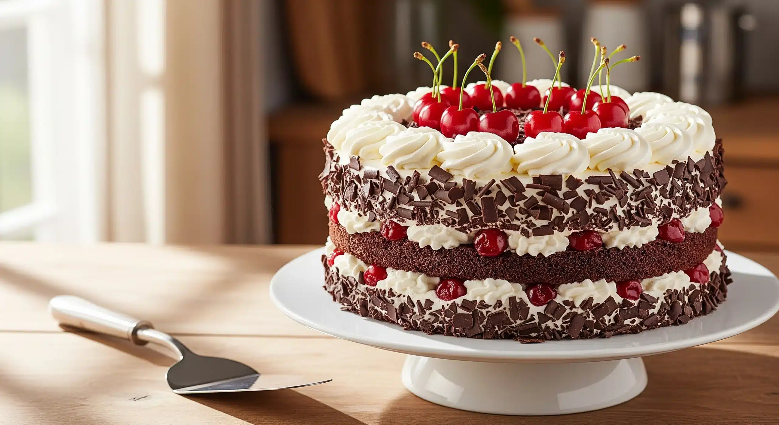 Homemade Black Forest Cake with whipped cream, cherries, and chocolate shavings on white cake stand - German cake baking