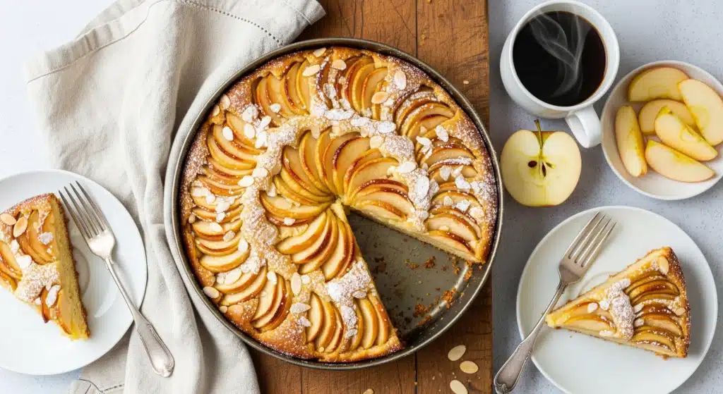 German Apple Cake (Apfelkuchen) with spiral apple topping and almonds - traditional German cake baking recipe