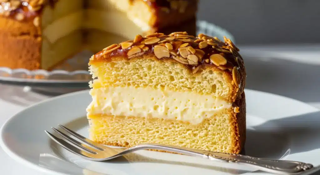Bee Sting Cake (Bienenstich) slice showing custard filling and caramelized almond topping - German cake baking specialty
