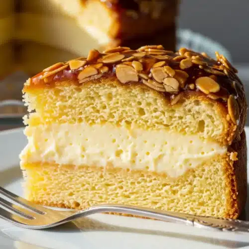 Bee Sting Cake (Bienenstich) slice showing custard filling and caramelized almond topping - German cake baking specialty