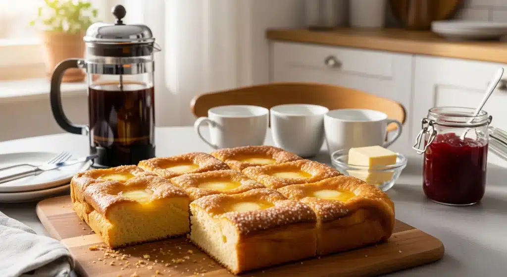 German Butter Cake (Butterkuchen) with caramelized butter topping for breakfast - easy German cake baking recipe