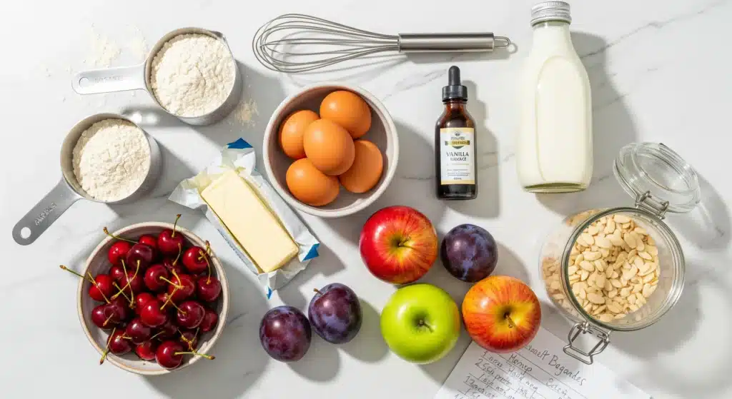 German cake baking ingredients including flour, eggs, butter, cherries, apples, and almonds on marble countertop