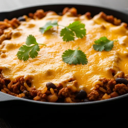 A cast-iron skillet filled with a cheesy one pot ground beef taco recipe, topped with fresh cilantro and ready to serve.