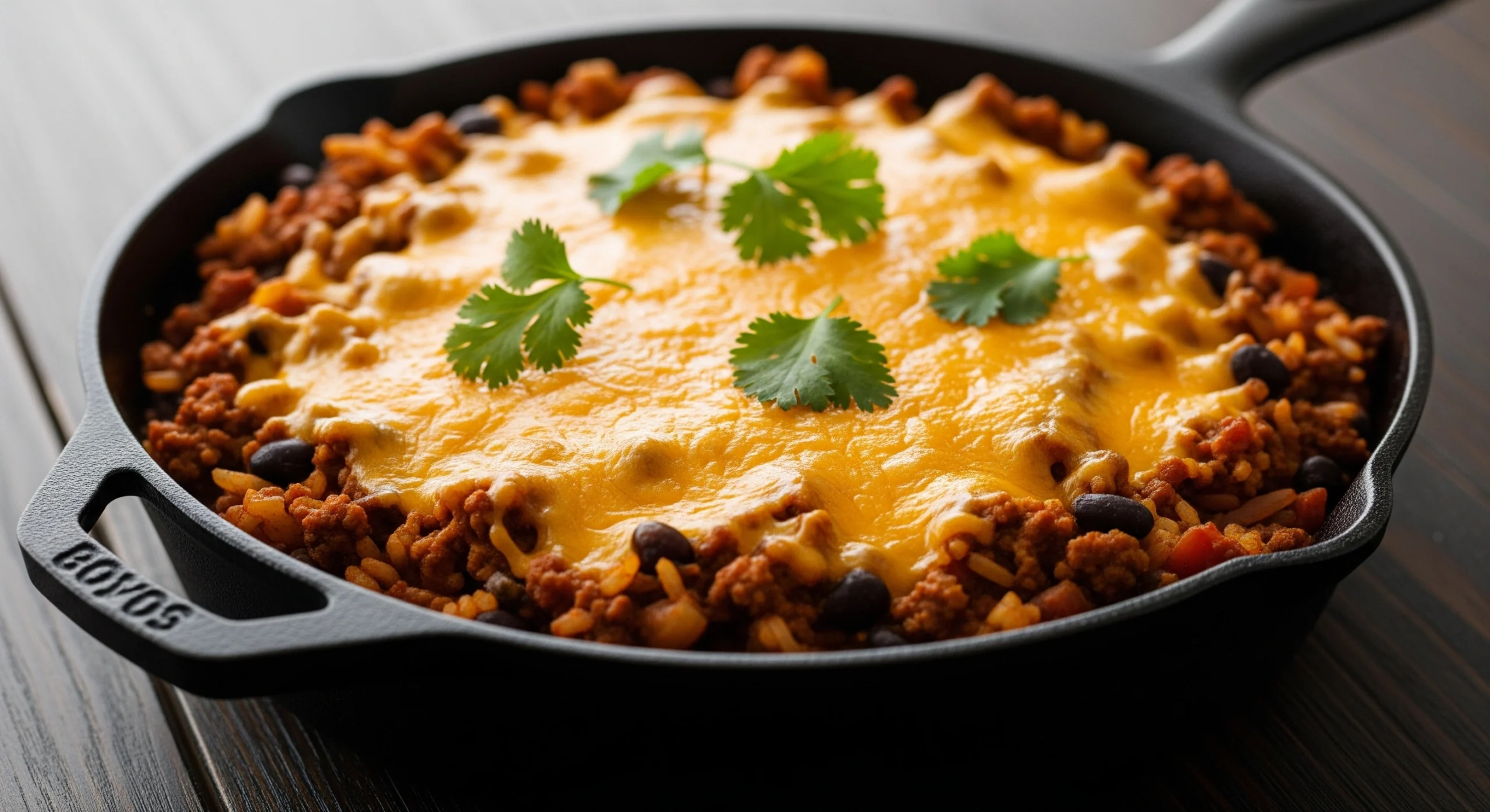 A cast-iron skillet filled with a cheesy one pot ground beef taco recipe, topped with fresh cilantro and ready to serve.