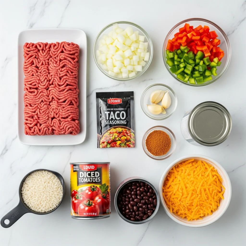 A flat lay of fresh ingredients for one pot ground beef recipes, including beef, onion, pepper, rice, beans, and cheese on a marble surface.