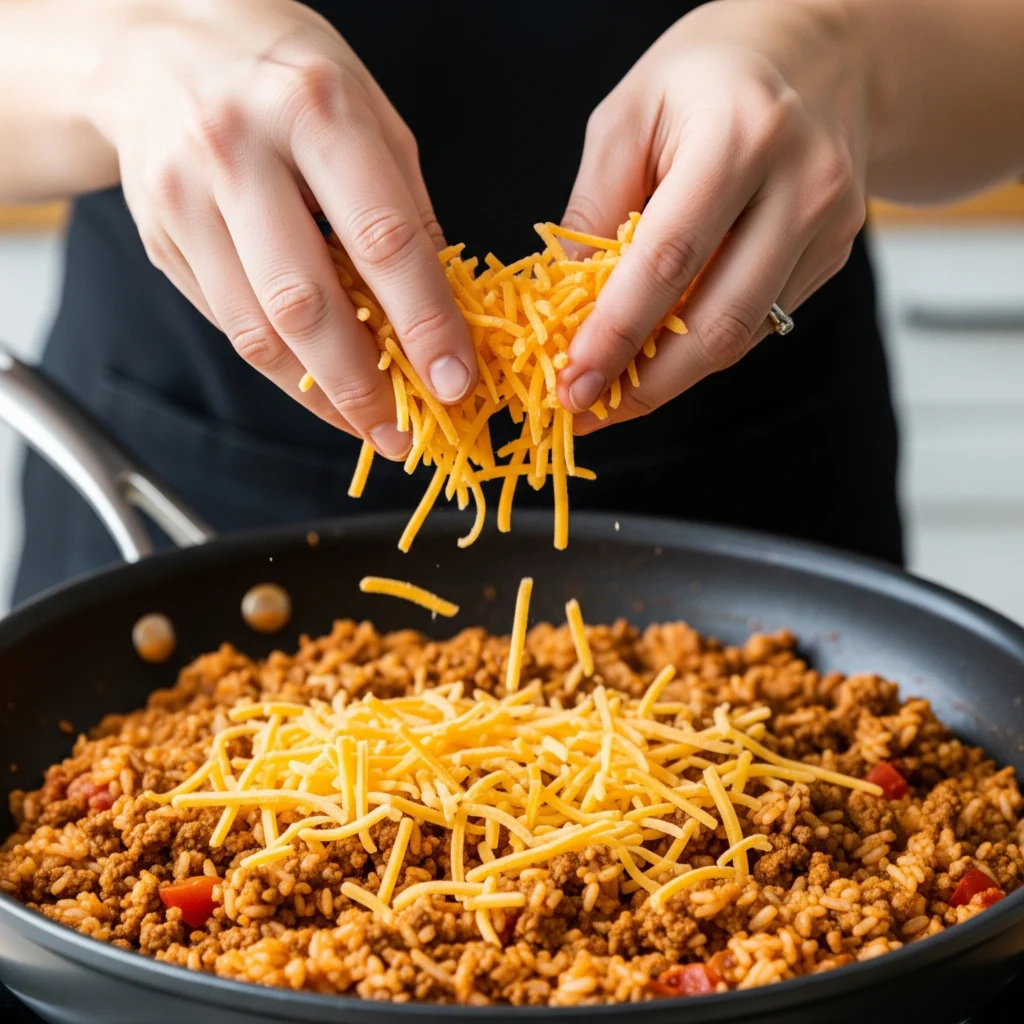 A close-up action shot of hands sprinkling shredded cheese into a skillet of one pot ground beef and rice.