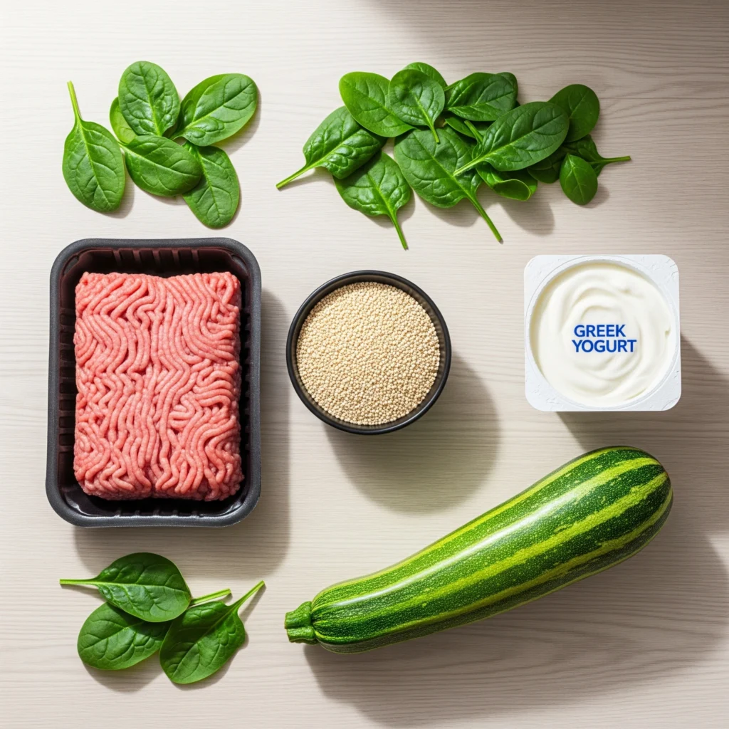 A collection of healthy ingredients like ground turkey, quinoa, and Greek yogurt as alternatives for a ground beef recipe.