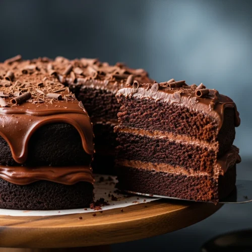 A decadent slice of moist chocolate cake with glossy fudge frosting being lifted from the whole cake, showcasing its rich texture.