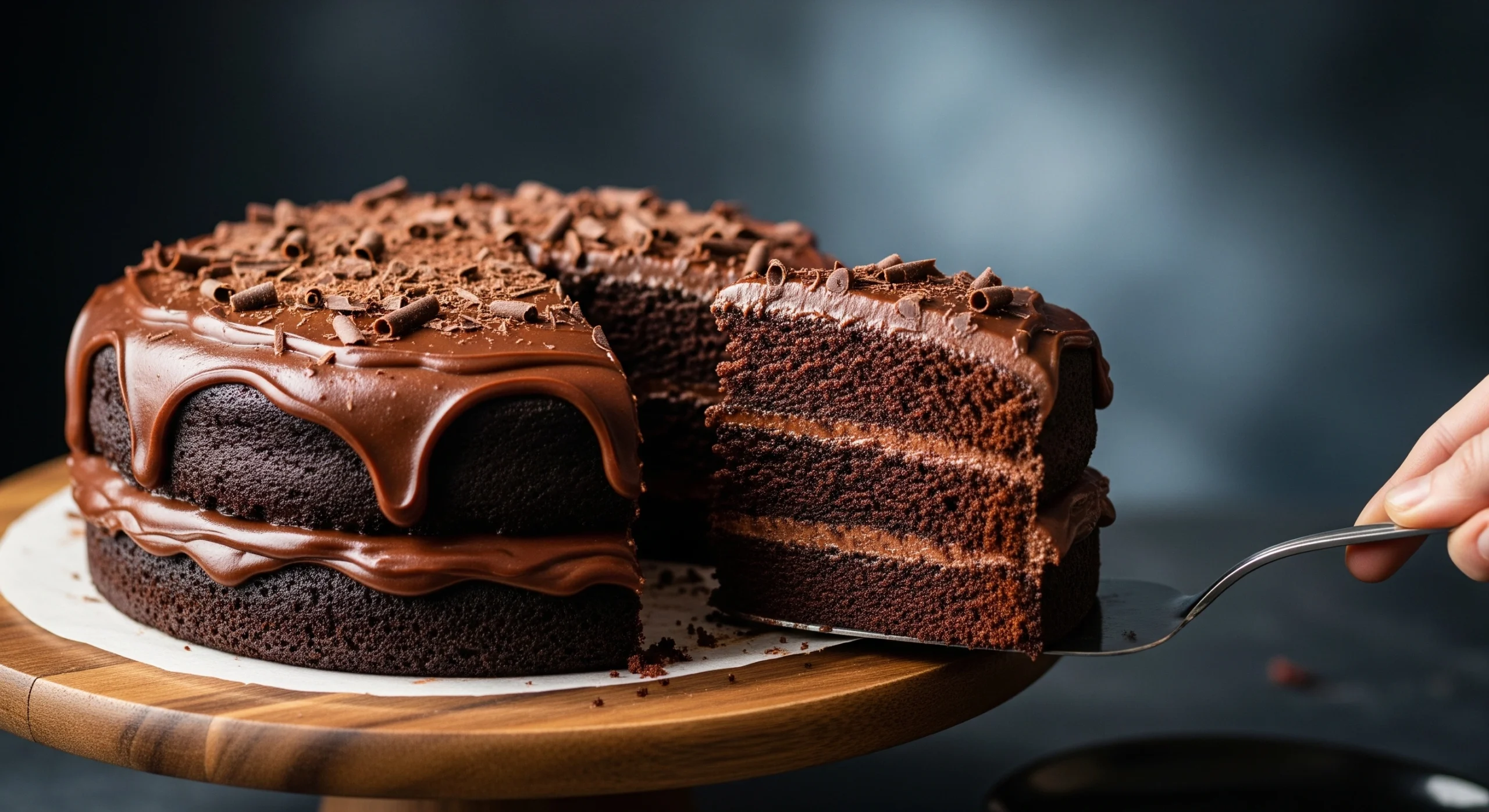 A decadent slice of moist chocolate cake with glossy fudge frosting being lifted from the whole cake, showcasing its rich texture.