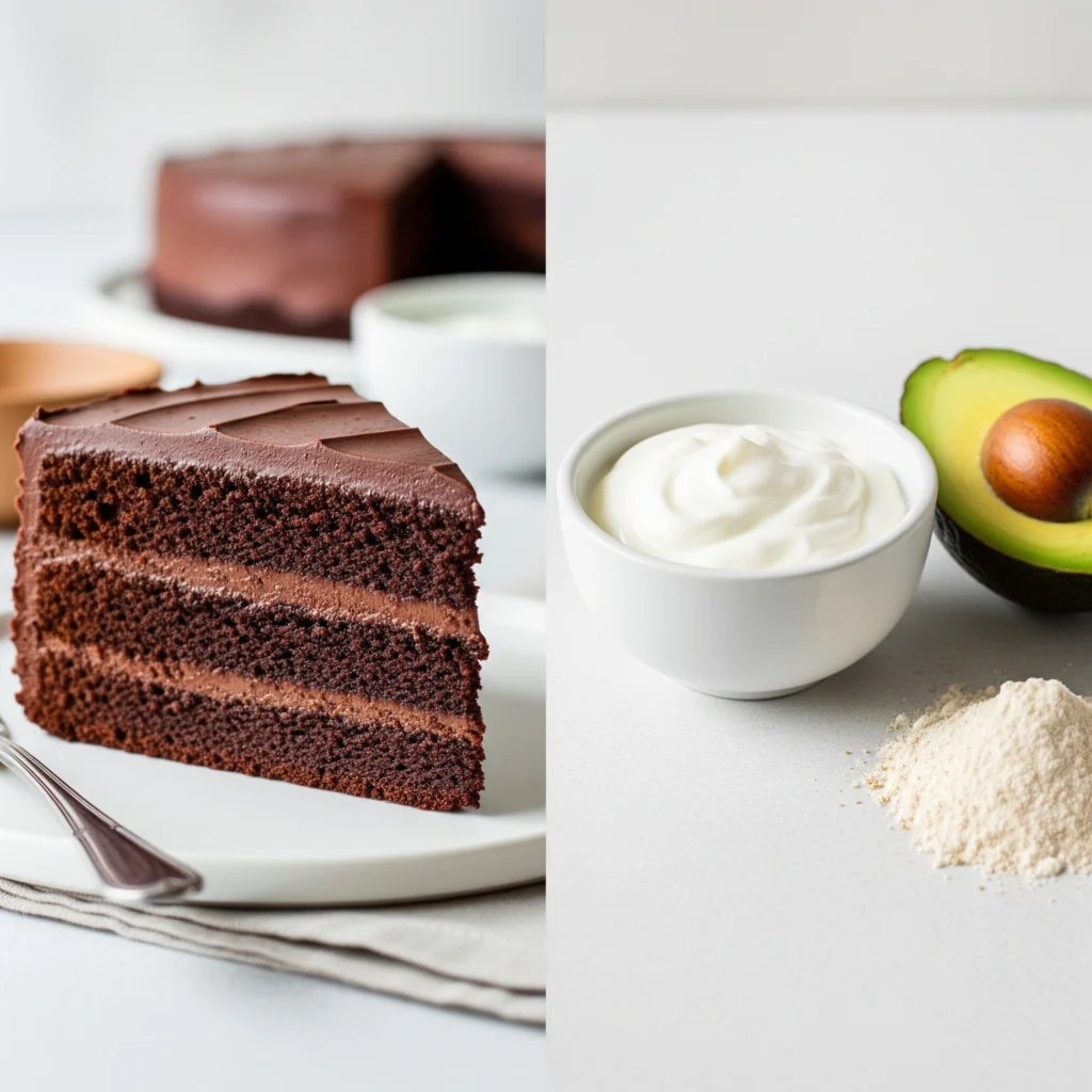 A slice of chocolate cake displayed next to healthier alternative ingredients like Greek yogurt, avocado, and whole wheat flour.