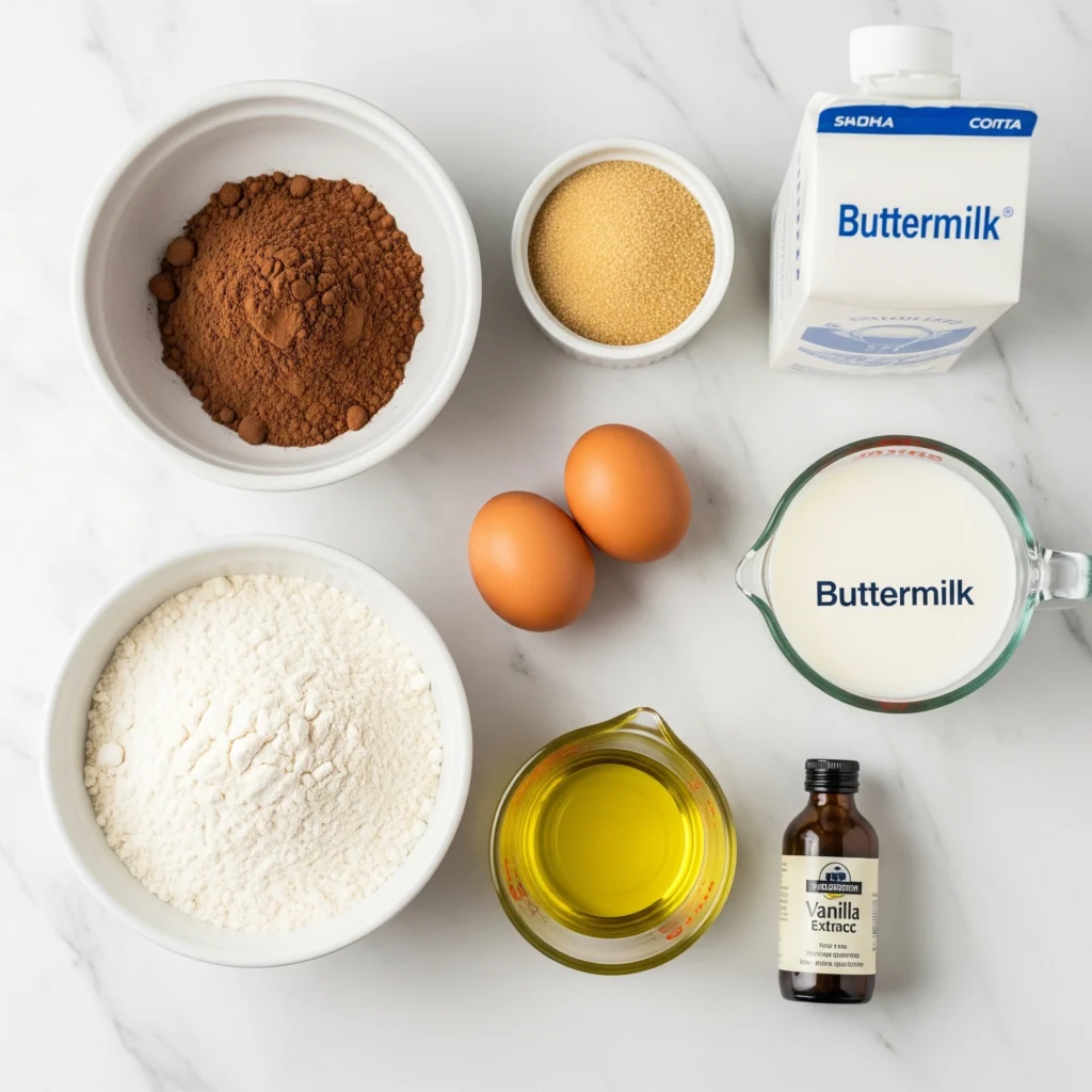 A flat lay of ingredients for a chocolate cake recipe, including flour, cocoa powder, sugar, eggs, oil, and buttermilk on a marble surface.