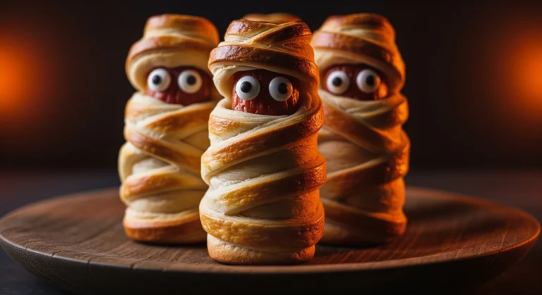Close-up of three golden-brown Mummy Dogs with large, menacing edible eyes, served on a dark wood platter.