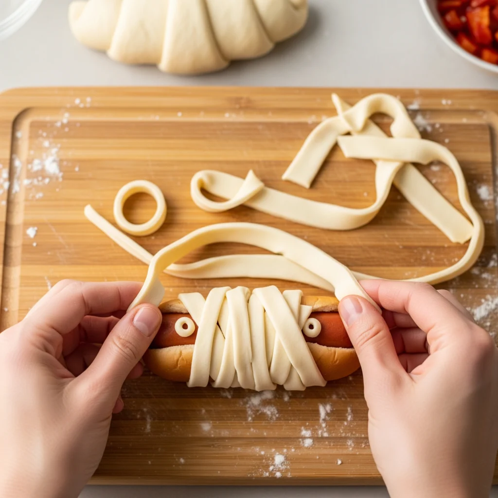 Hands quickly wrapping a hot dog with strips of crescent dough on a wooden board, illustrating the easy 15-minute prep time.