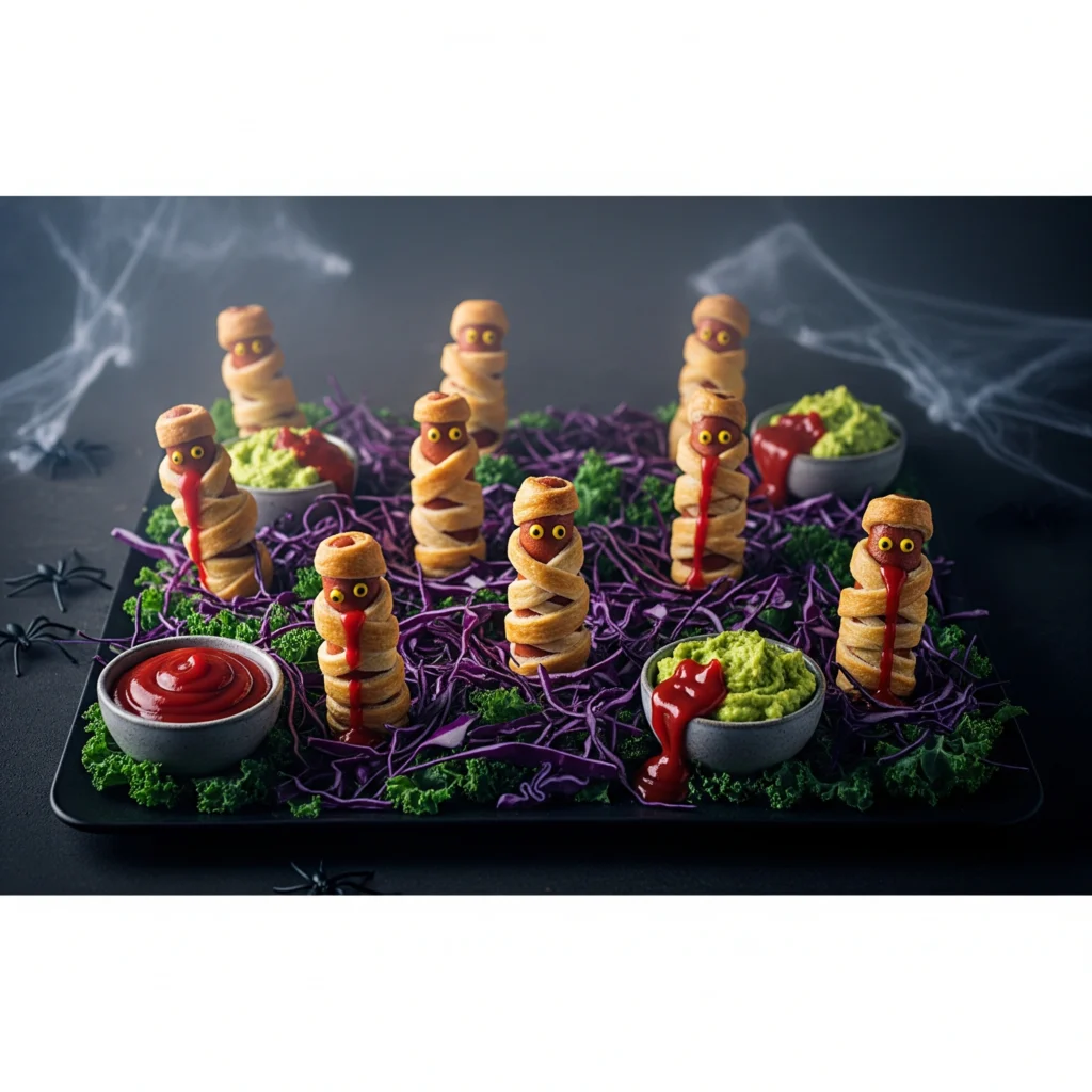 Mummy Dogs arranged in a themed "Bloody Graveyard" platter with green guacamole and red ketchup dips, surrounded by dark Halloween decor.