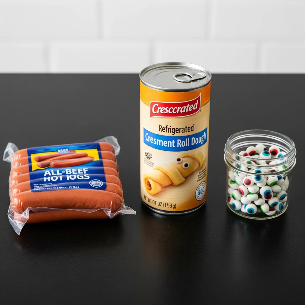 Still life photo of the core ingredients: hot dogs, crescent roll dough, and edible eyes, highlighting the simplicity of the recipe.