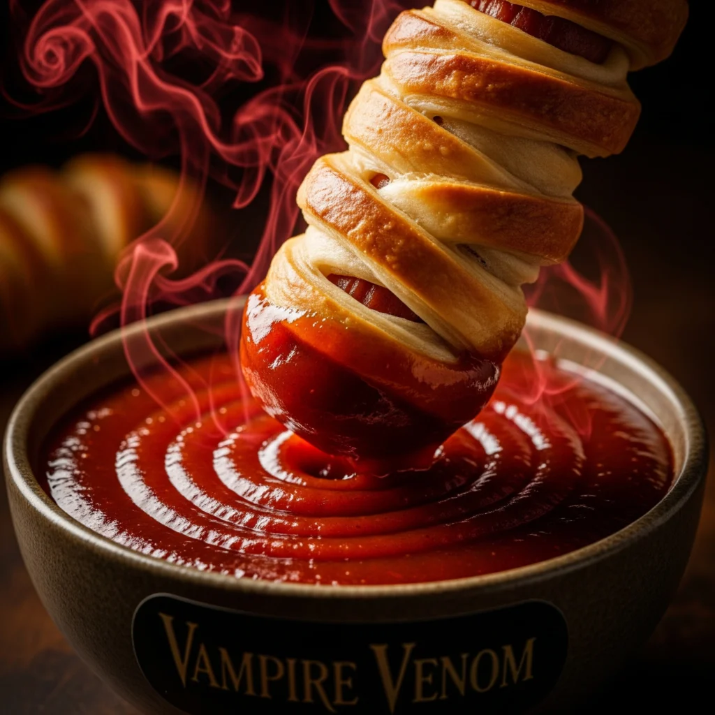 An extreme close-up of a flaky Mummy Dog being dipped into a bowl of dark red smoky BBQ sauce.