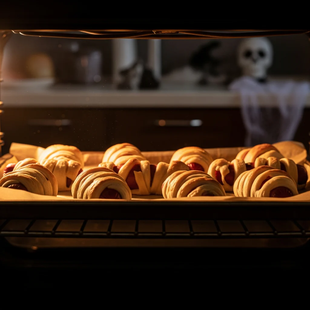 Baking sheet of Mummy Dogs inside an oven, halfway through baking and turning golden brown, illustrating the quick 15-minute cooking time.