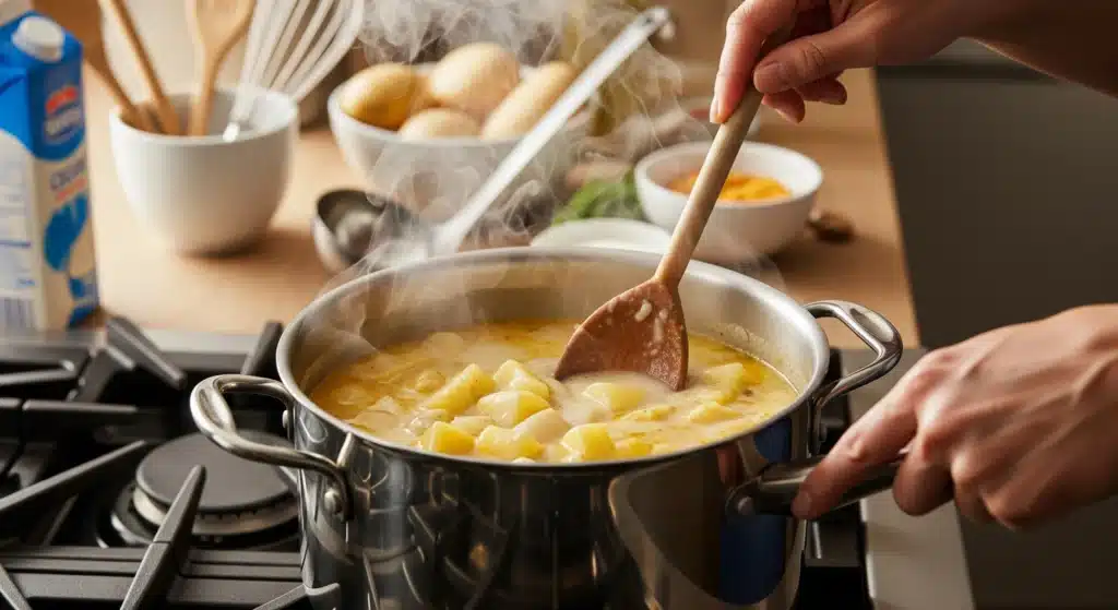 Stirring creamy potato soup in pot during cooking process with visible potato chunks