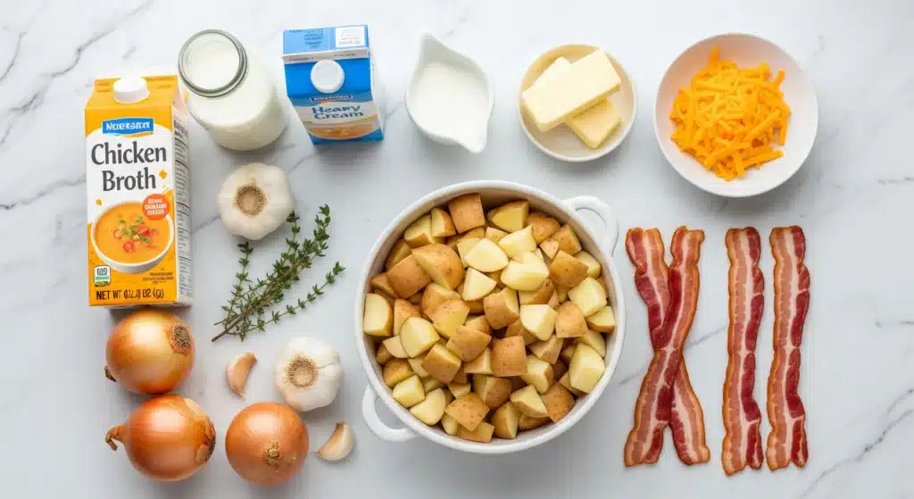 Potato soup recipe ingredients including russet potatoes, onions, garlic, cream, butter, and bacon on marble counter