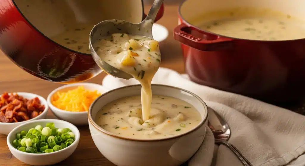 Serving homemade potato soup from Dutch oven with ladle showing thick creamy texture