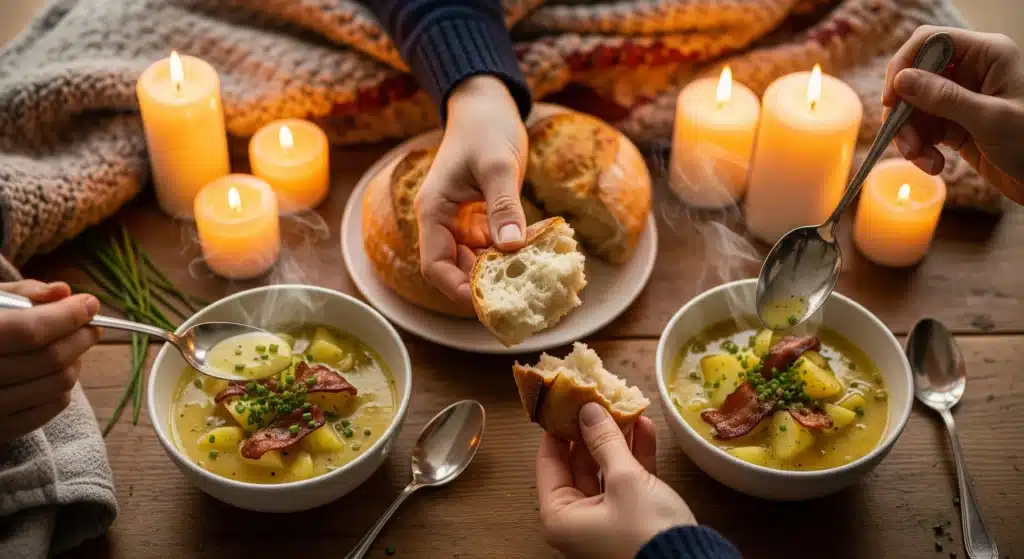 Two bowls of hearty potato soup recipe served with crusty bread in cozy winter dining setting
