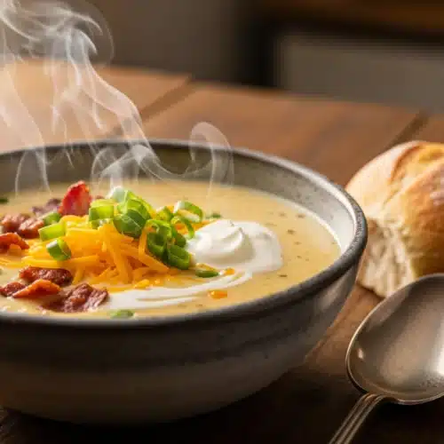 Bowl of creamy potato soup recipe topped with crispy bacon, cheddar cheese, sour cream and green onions