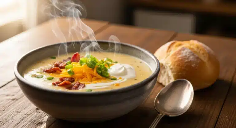 Bowl of creamy potato soup recipe topped with crispy bacon, cheddar cheese, sour cream and green onions