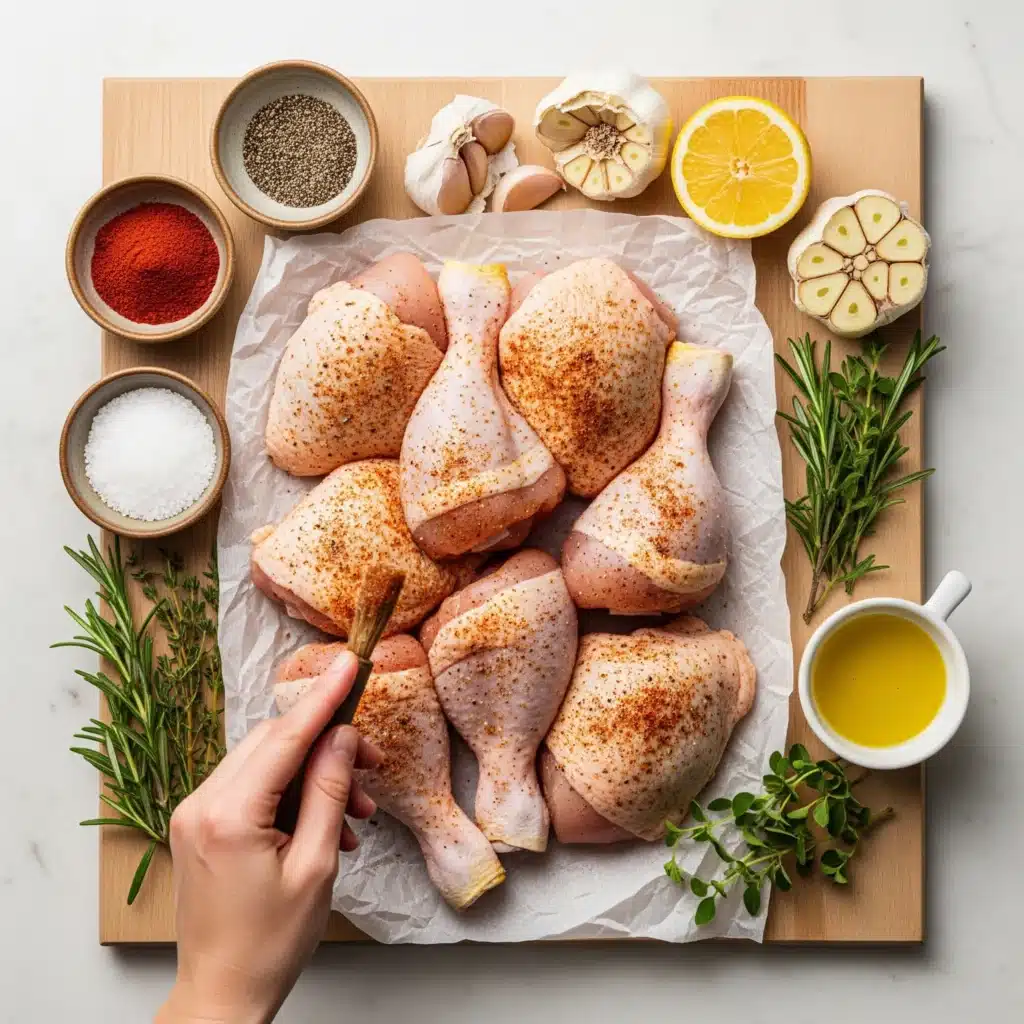 Raw chicken preparation with seasonings, herbs, and ingredients arranged for slow cooking recipe