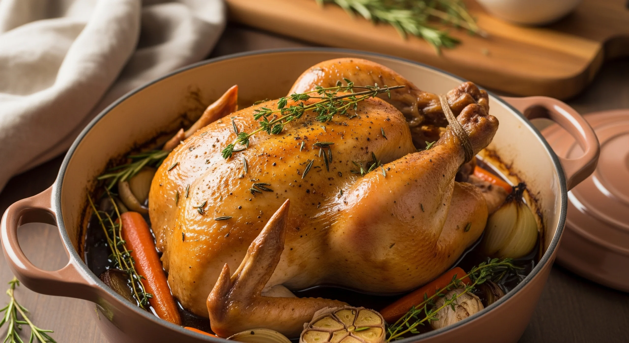Slow cooked whole chicken with golden-brown crispy skin in rustic Dutch oven surrounded by herbs and vegetables