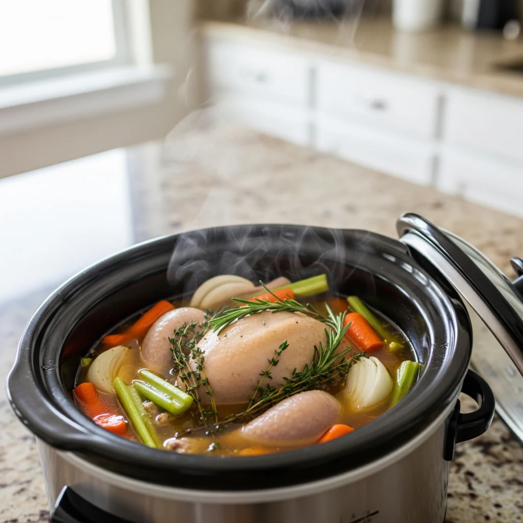 Whole chicken slow cooking in crockpot with vegetables and herbs in aromatic broth