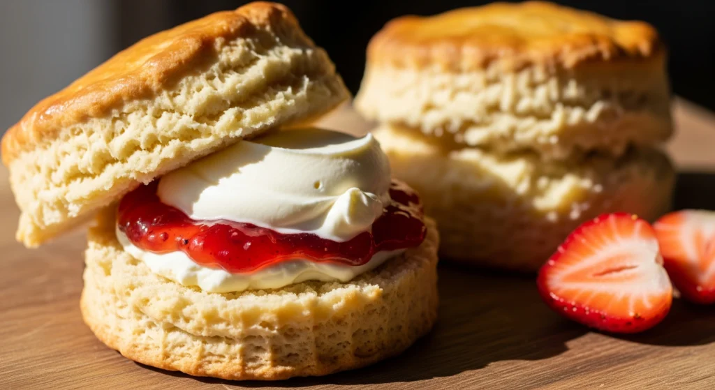 Flaky scone split open showing tender crumb with clotted cream and jam, highlighting traditional pastry methods.