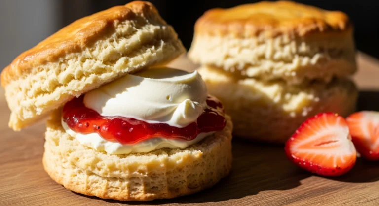 Flaky scone split open showing tender crumb with clotted cream and jam, highlighting traditional pastry methods.