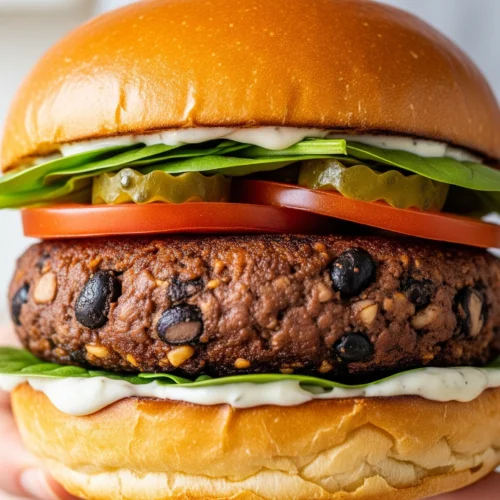 A close-up of a juicy homemade vegetarian burger recipe patty on a toasted bun with fresh lettuce, tomato, and a creamy white sauce, held by two hands.