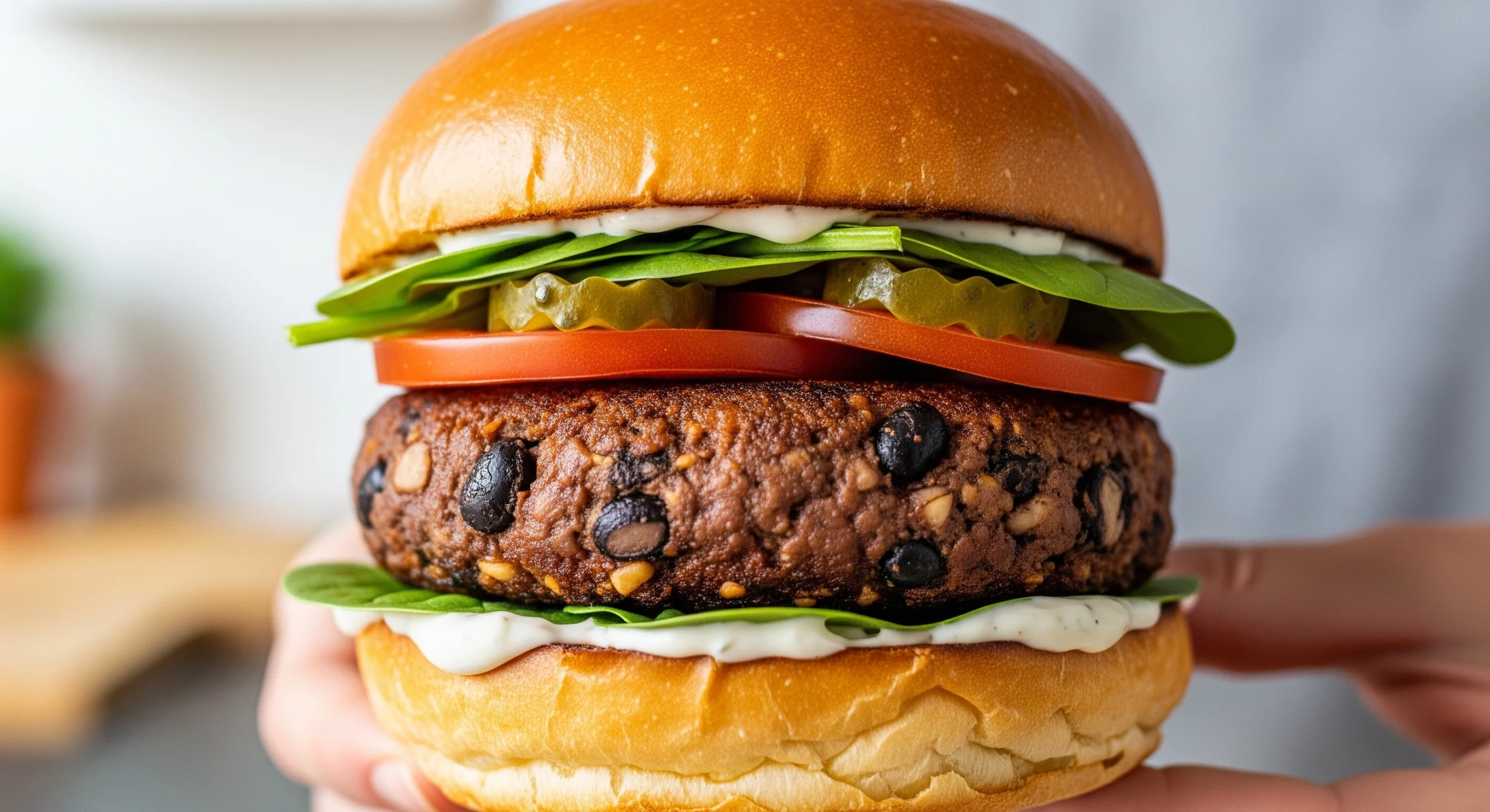 A close-up of a juicy homemade vegetarian burger recipe patty on a toasted bun with fresh lettuce, tomato, and a creamy white sauce, held by two hands.