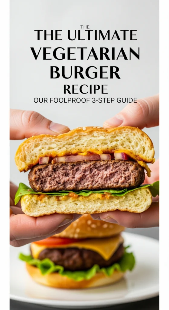 A close-up of a juicy homemade vegetarian burger recipe patty on a toasted bun with fresh lettuce, tomato, and a creamy white sauce, held by two hands.