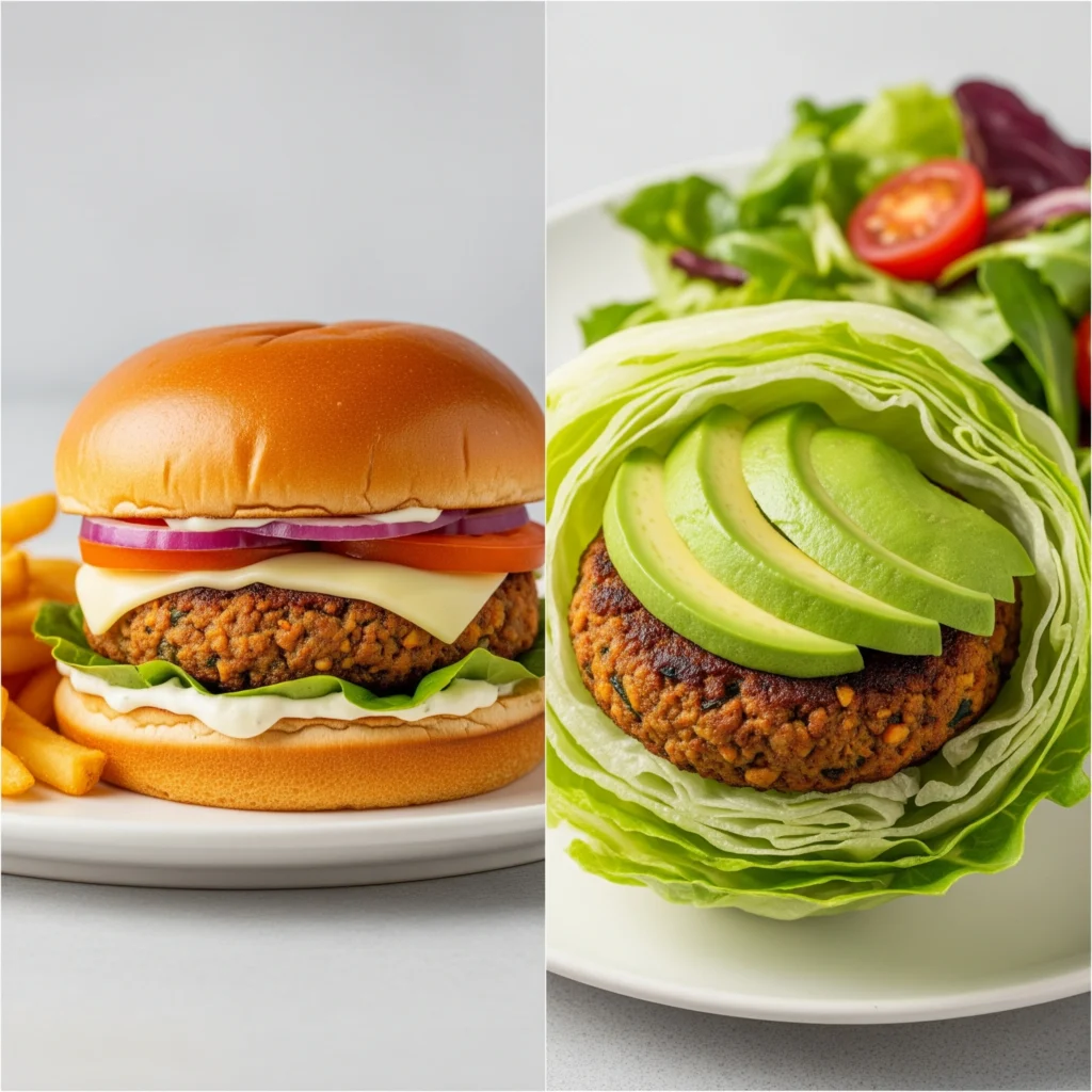 A close-up of a juicy homemade vegetarian burger recipe patty on a toasted bun with fresh lettuce, tomato, and a creamy white sauce, held by two hands.