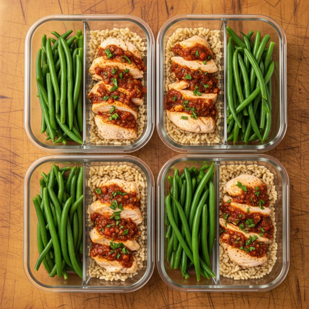 Four glass meal prep containers filled with healthy crockpot chicken and rice, showcasing simple, effective portioning.