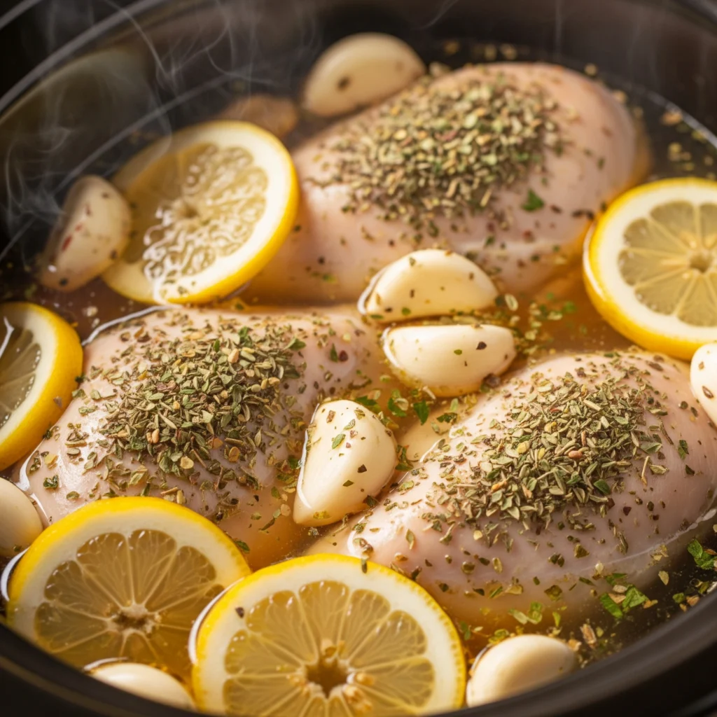 Inside the slow cooker: chicken, lemon slices, and herbs simmering in broth, illustrating the easy "set it and forget it" process.