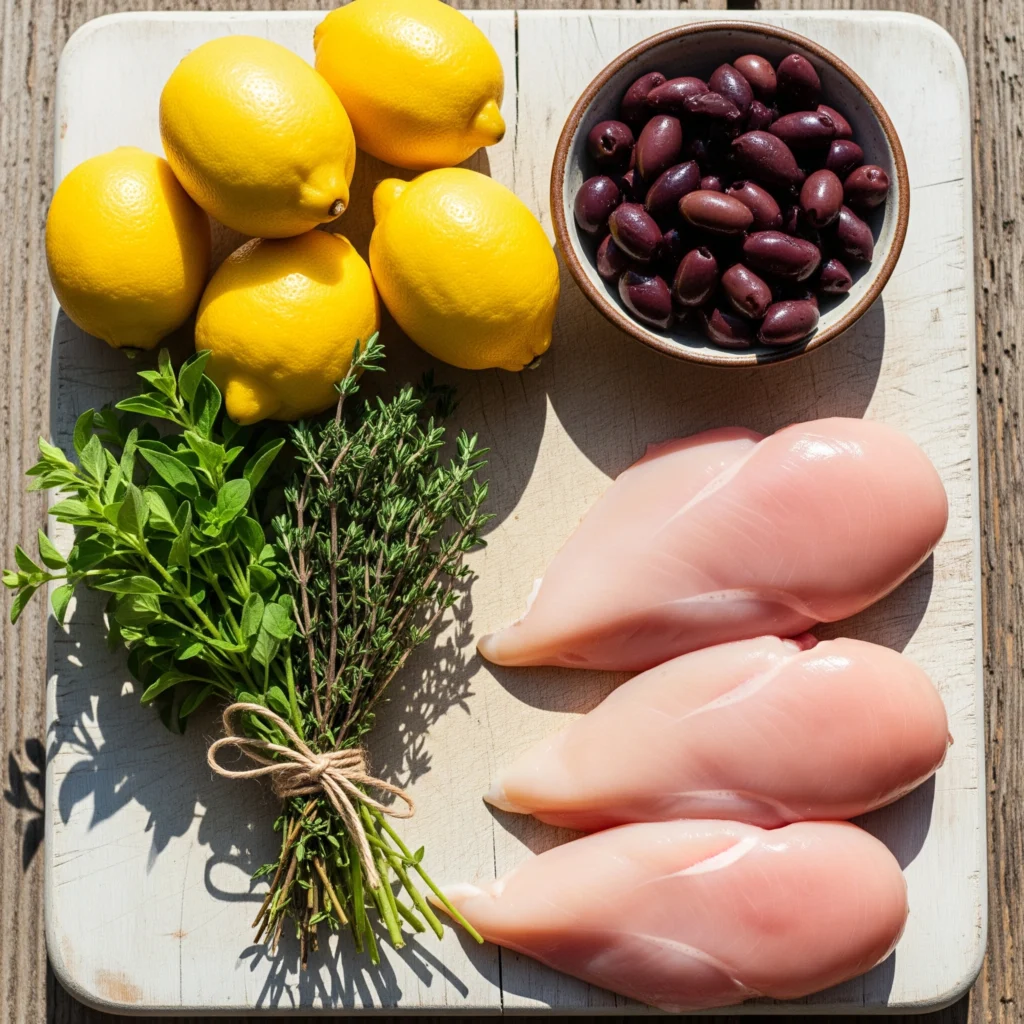 Flat lay of fresh Mediterranean ingredients: chicken, lemons, olives, and herbs, ready for a healthy crockpot meal.