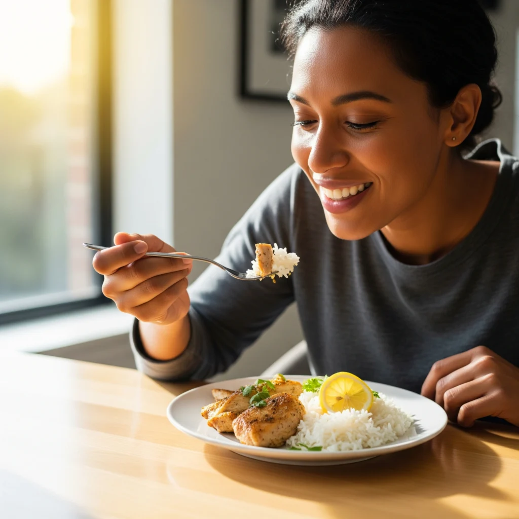 Smiling person enjoying a delicious, prepared healthy crockpot meal, showing the satisfaction of successful meal prep.