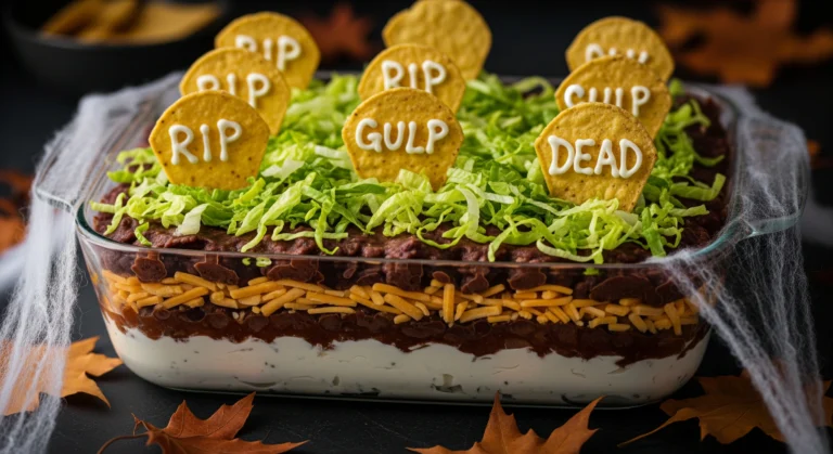 Real image of the ultimate Graveyard Layered Dip centerpiece, showcasing detailed halloween food fun.