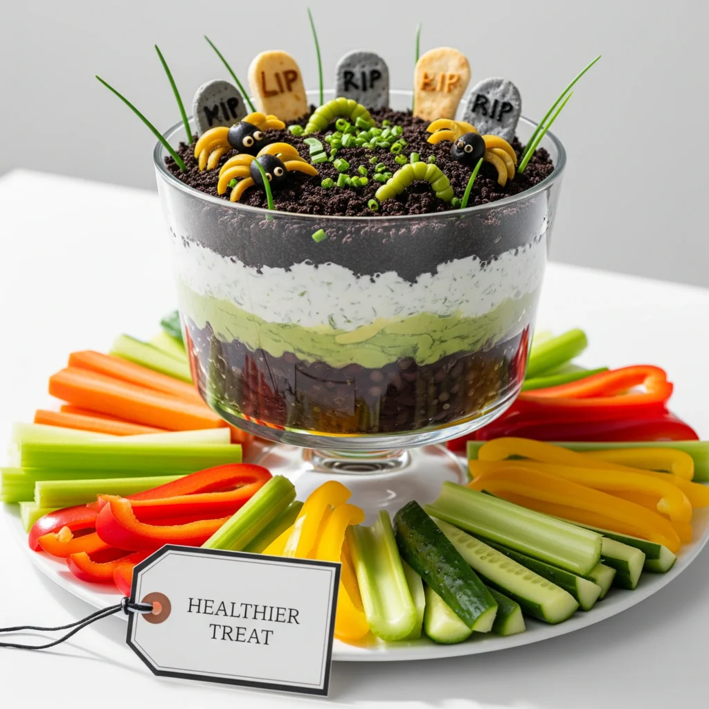 The Graveyard Dip served with healthy crudités and fresh vegetables, showcasing a lighter version of halloween food fun.