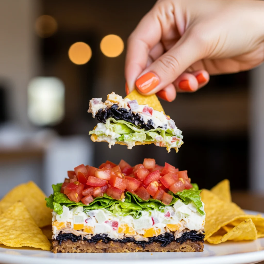 Hand scooping the Graveyard Layered Dip with a tortilla chip, demonstrating engaging halloween food fun party interaction.