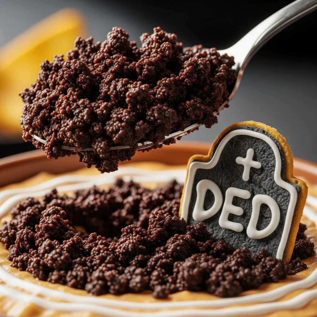 Macro close-up of a spoon digging into the Graveyard Dip, highlighting the textures of this essential halloween food fun recipe.
