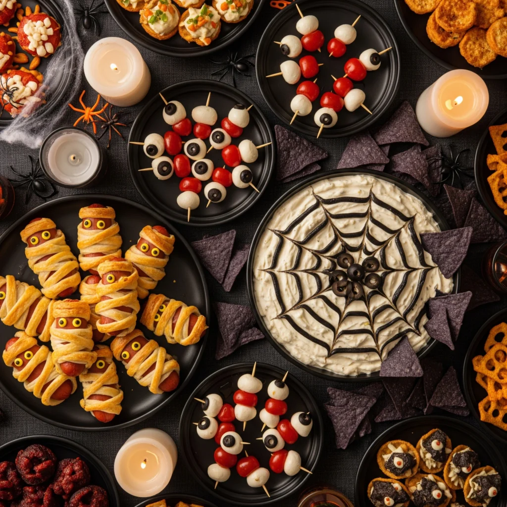 Overhead view of a delicious Halloween food party ideas buffet featuring the 7 quick recipes and spooky snacks.
